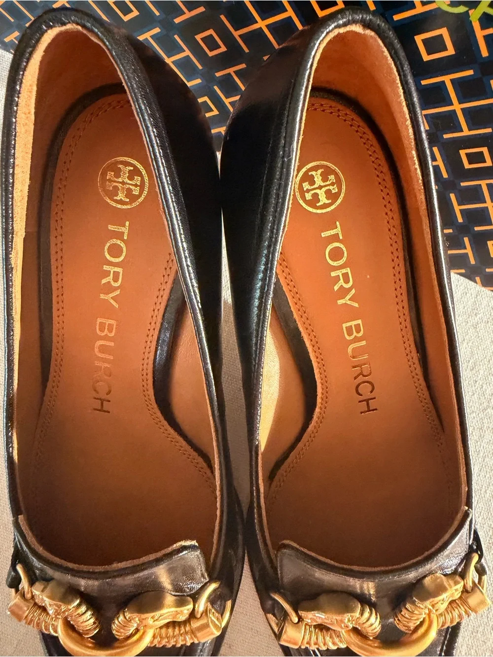 Tory Burch Black Leather Pointed Loafers with Gold Chain Accent